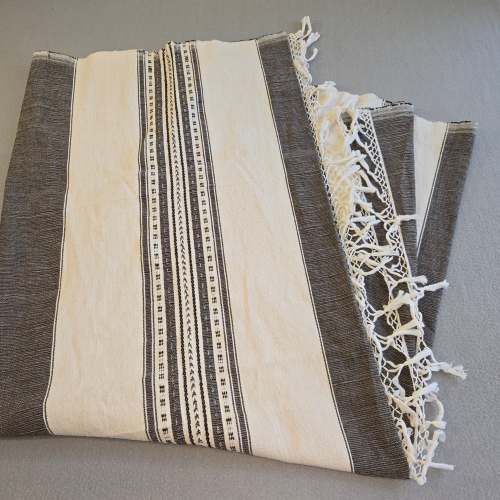 Unbranded Handwoven Throw Blanket OS Cream Brown Striped Fringed Cotton